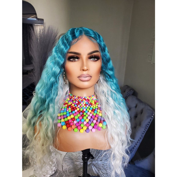 Aqua white ombre lace wig wavy main image 4